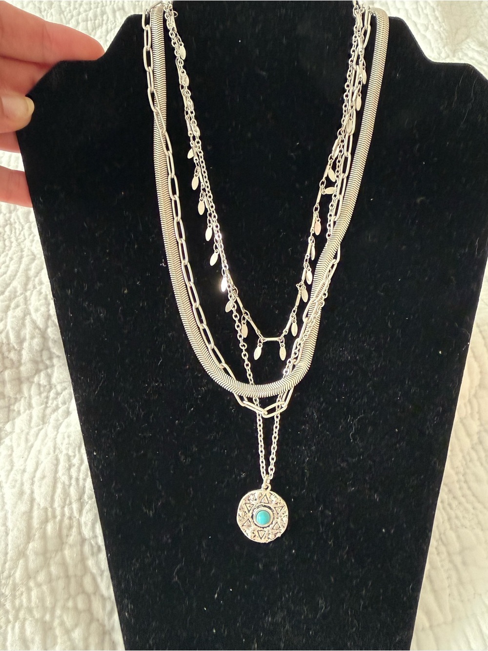 Plunder Silver-Tone Layered Necklace with Turquoise Accent